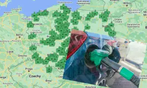 Mapa Polski z zaznaczonymi stacjami paliw CNG. Tankowanie samochodu na tle mapy.