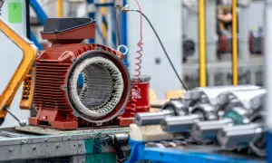 Część silnika elektrycznego z widocznym uzwojeniem, gotowa do montażu. W tle inne elementy produkcyjne, które mogą pomóc w zrozumieniu, jak obliczyć moc silnika elektrycznego.