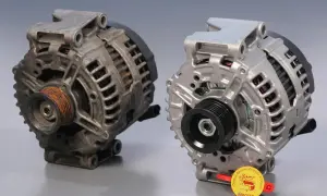 Stary i nowy alternator. Rdza na kole pasowym starego może wskazywać na objawy sprzęgła alternatora.