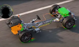 Szczegółowy widok napędu elektrycznego do samochodu z baterią, silnikiem i elementami układu.