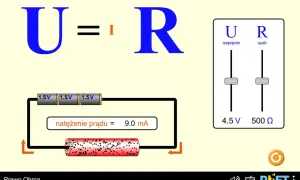 Prawo Ohma: U=IR. Obwód z trzema bateriami 1.5V, rezystorem i wskaźnikiem natężenia prądu 9.0 mA. Suwaki napięcia i oporu.