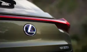 Tylna część Lexusa UX 250h w kolorze oliwkowym. Widoczne logo marki i nazwa modelu. Poznaj lexus ux wymiary.