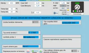 Interfejs programu do konfiguracji instalacji gazowej. Widoczne parametry pracy silnika, czujniki i ustawienia. Możliwość modyfikacji parametrów po wyłączeniu zapłonu, co jest kluczowe, by wiedzieć jak zresetować gaz w samochodzie.