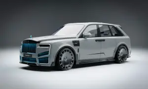 Szary Rolls-Royce Cullinan z niebieskimi akcentami i masywnymi felgami, prezentujący futurystyczny design.