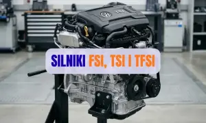 Silnik 2.0 TFSI na stojaku, gotowy do prezentacji. W tle warsztat samochodowy.