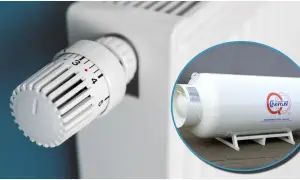 Termostat grzejnikowy i biały zbiornik na gaz LPG z logo producenta.