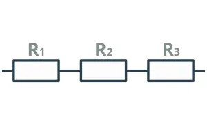 Schemat obwodu elektrycznego: trzy prostokąty symbolizujące rezystory R1, R2, R3 połączone szeregowo.