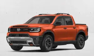 Pomarańczowy Honda Ridgeline z czarnymi akcentami i relingami dachowymi, gotowy na przygodę.