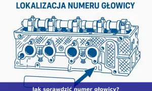 Schematyczny rysunek głowicy silnika z zaznaczoną strzałką lokalizacją numeru silnika.