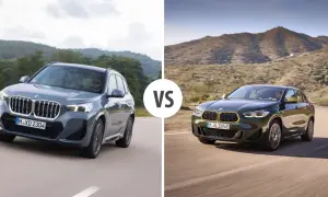 Dwa BMW X2 na drodze, jedno szare, drugie ciemnozielone, w scenerii górskiej.