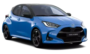 Niebieski Yaris Hybrid z czarnym dachem, prezentujący nowoczesny design i hybrydowy napęd.