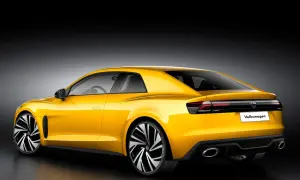 Żółty Volkswagen Corrado z nowoczesnym designem, sportowymi felgami i podwójnymi końcówkami wydechu.