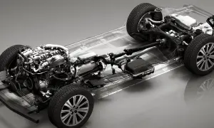 Szkielet samochodu z silnikiem i elementami układu napędowego. Widoczny jest system mild hybrid, podkreślający nowoczesną technologię.