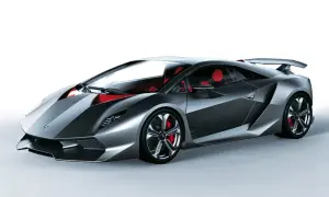 Lamborghini Sesto Elemento, sportowy samochód z włókna węglowego, z czerwonymi akcentami we wnętrzu i zaciskami hamulcowymi.