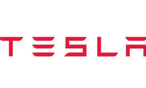 Czerwony napis TESLA na białym tle. Taki znaczek ma Tesla, symbol innowacji i przyszłości motoryzacji.
