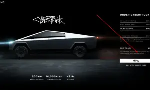 Tesla Cybertruck w ciemnym otoczeniu, z widocznymi danymi technicznymi i opcjami zamówienia.