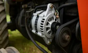 Nowy alternator w ciągniku z paskiem napędowym i kołami pasowymi.