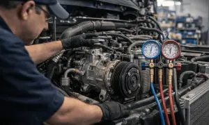 Mechanik dokonuje montażu kompresora na pojazdach ciężarowych, używając manometrów do kontroli ciśnienia.