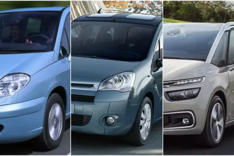 Trzy generacje Citroëna C8: niebieski z kobietą za kierownicą, szary z panoramicznym dachem i jasnoszary z nowoczesnymi światłami.
