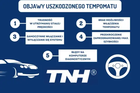 Objawy uszkodzonego tempomatu: trudność w utrzymaniu stałej prędkości, brak możliwości włączenia, samoistne włączanie/wyłączanie, przekroczenie max. prędkości, błędy diagnostyczne.