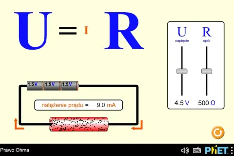 Prawo Ohma: U=IR. Obwód z trzema bateriami 1.5V, rezystorem i wskaźnikiem natężenia prądu 9.0 mA. Suwaki napięcia i oporu.