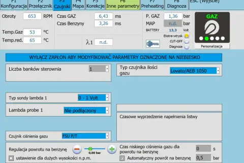 Interfejs programu do konfiguracji instalacji gazowej. Widoczne parametry pracy silnika, czujniki i ustawienia. Możliwość modyfikacji parametrów po wyłączeniu zapłonu, co jest kluczowe, by wiedzieć jak zresetować gaz w samochodzie.