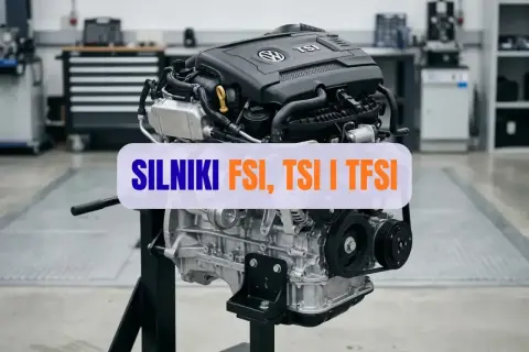 Silnik 2.0 TFSI na stojaku, gotowy do prezentacji. W tle warsztat samochodowy.