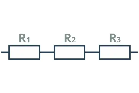 Schemat obwodu elektrycznego: trzy prostokąty symbolizujące rezystory R1, R2, R3 połączone szeregowo.