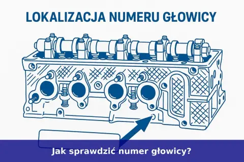 Schematyczny rysunek głowicy silnika z zaznaczoną strzałką lokalizacją numeru silnika.