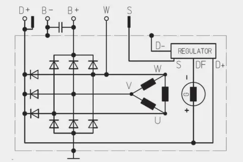 Schemat alternatora z oznaczeniami D+, B-, B+, W, S, D-, regulator, uzwojenia U, V, W i diody.