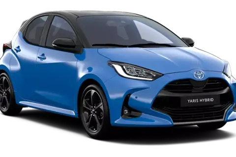 Niebieski Yaris Hybrid z czarnym dachem, prezentujący nowoczesny design i hybrydowy napęd.
