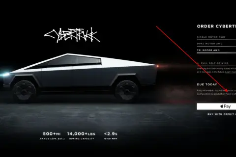 Tesla Cybertruck w ciemnym otoczeniu, z widocznymi danymi technicznymi i opcjami zamówienia.
