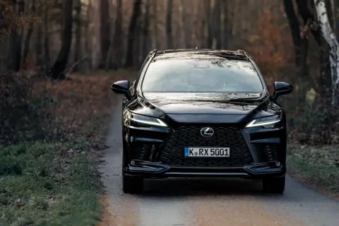 Czarny Lexus RX 350 na leśnej drodze.