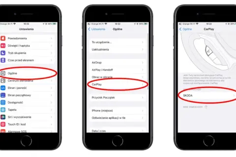 Konfiguracja Apple CarPlay w ustawieniach iPhone'a. Widok ekranu z opcją CarPlay, a następnie wybór samochodu Skoda.