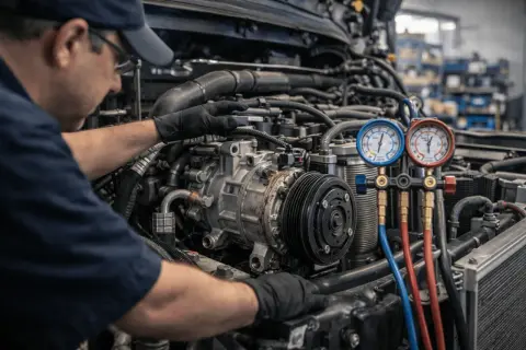 Mechanik dokonuje montażu kompresora na pojazdach ciężarowych, używając manometrów do kontroli ciśnienia.