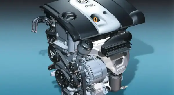 Silnik samochodowy 1.6 MPI z widocznymi paskami, alternatorem i osłoną z logo VW.