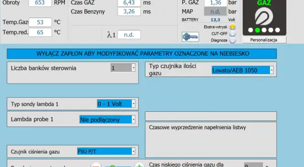Interfejs programu do konfiguracji instalacji gazowej. Widoczne parametry pracy silnika, czujniki i ustawienia. Możliwość modyfikacji parametrów po wyłączeniu zapłonu, co jest kluczowe, by wiedzieć jak zresetować gaz w samochodzie.