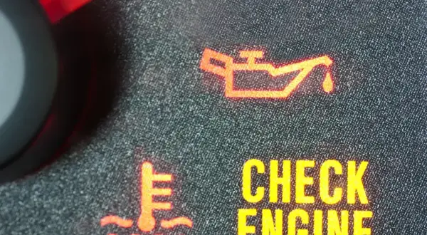 Czerwona kontrolka ciśnienia oleju świeci się obok ikony termometru i napisu "CHECK ENGINE".