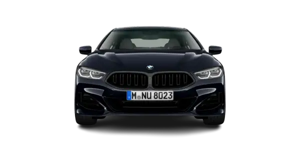Ciemnogranatowe BMW 840i z charakterystyczną atrapą chłodnicy i ostrymi światłami LED, prezentowane na czarnym tle.