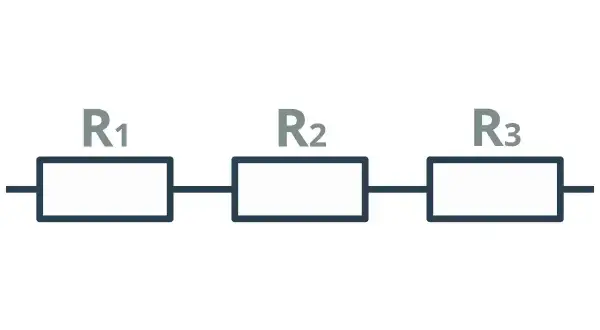 Schemat obwodu elektrycznego: trzy prostokąty symbolizujące rezystory R1, R2, R3 połączone szeregowo.