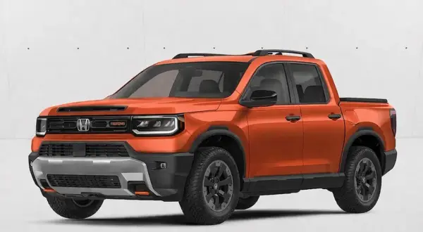 Pomarańczowy Honda Ridgeline z czarnymi akcentami i relingami dachowymi, gotowy na przygodę.