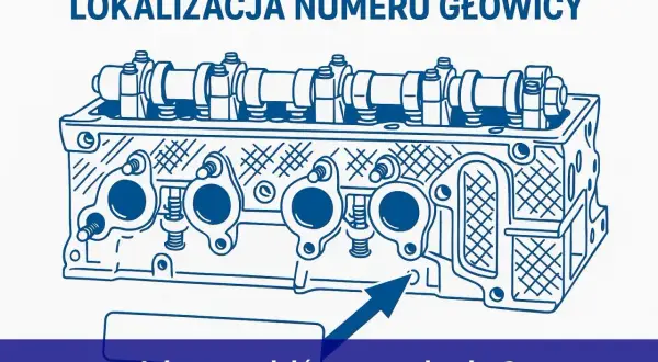 Schematyczny rysunek głowicy silnika z zaznaczoną strzałką lokalizacją numeru silnika.