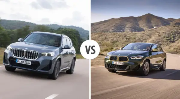 Dwa BMW X2 na drodze, jedno szare, drugie ciemnozielone, w scenerii górskiej.