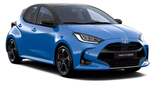 Niebieski Yaris Hybrid z czarnym dachem, prezentujący nowoczesny design i hybrydowy napęd.