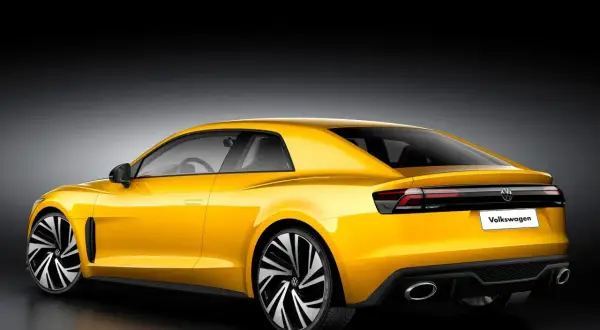 Żółty Volkswagen Corrado z nowoczesnym designem, sportowymi felgami i podwójnymi końcówkami wydechu.