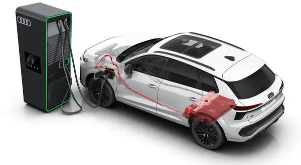 Audi Q3 e-hybrid podłączone do ładowarki. Schemat ukazuje, jak działa napęd elektryczny i spalinowy, wyjaśniając, co to jest cng i hybryda.