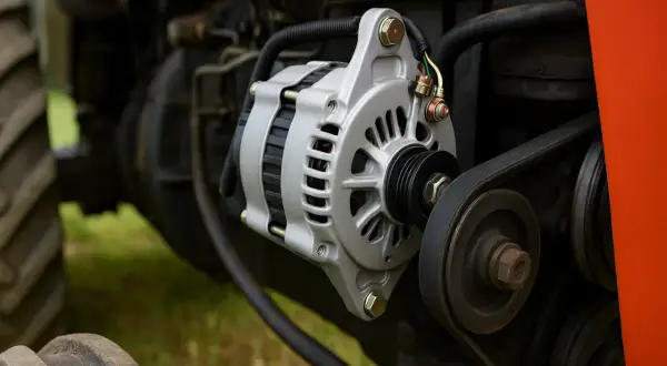 Nowy alternator w ciągniku z paskiem napędowym i kołami pasowymi.
