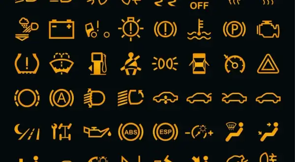 Żółta opis kontrolek na desce rozdzielczej: światła, hamulec, silnik, ABS, ESP, ciśnienie opon, temperatura i inne ostrzeżenia.