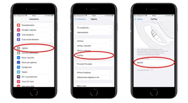 Konfiguracja Apple CarPlay w ustawieniach iPhone'a. Widok ekranu z opcją CarPlay, a następnie wybór samochodu Skoda.