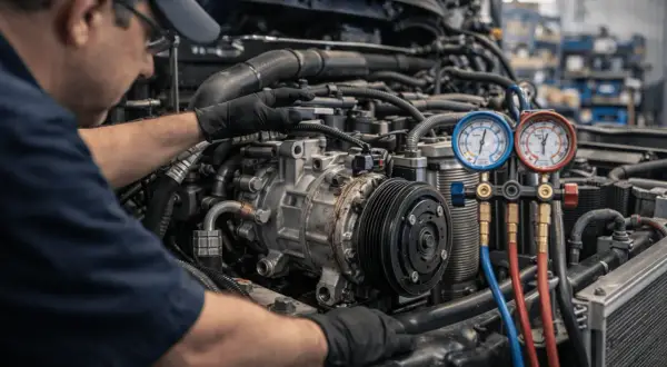 Mechanik dokonuje montażu kompresora na pojazdach ciężarowych, używając manometrów do kontroli ciśnienia.